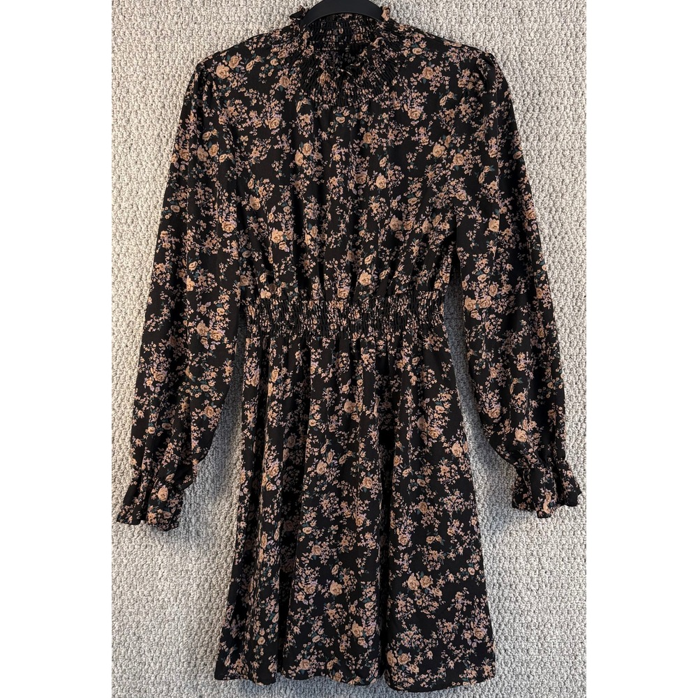SHEIN Floral Mini Dress Large L Black Ditsy Smocked Mock Neck Long Sleeve Boho